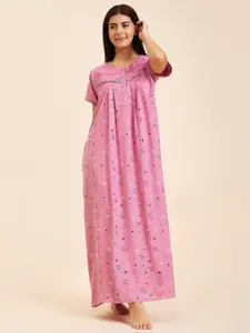 Sweet Dreams Conversational Printed Round Neck Short Sleeves Pure Cotton Maxi Nightdress