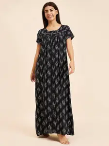 Sweet Dreams Black Abstract Printed Pure Cotton Maxi Nightdress