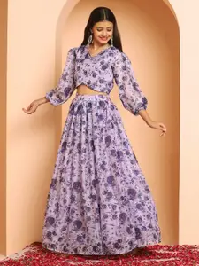 FASHION DREAM Girls Printed V-Neck Puff Sleeves Ready to Wear Lehenga with Blouse