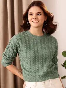 STREET 9 Green Cable Knit Self Design Acrylic Pullover Sweater