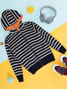Pantaloons Junior Boys Striped Hooded Front-Open Sweater