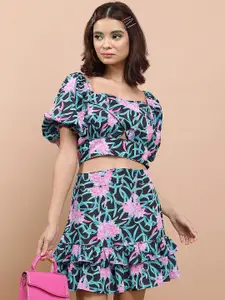 Tokyo Talkies Floral Printed Square-Neck Crop Top with Layered Ruffle Skirt