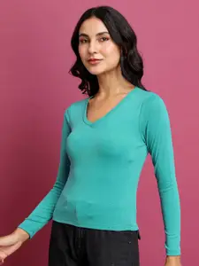 Tokyo Talkies Sea Green V-Neck Fitted Top