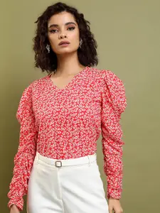 Tokyo Talkies Red Floral Printed Puff Sleeve Top