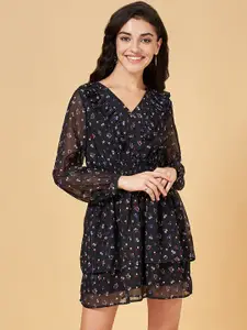 People Black Floral Printed Smocked Puff Sleeves Layered Ruffled A-Line Dress