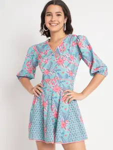 ODETTE Floral Printed V-Neck Gathered A-Line Dress
