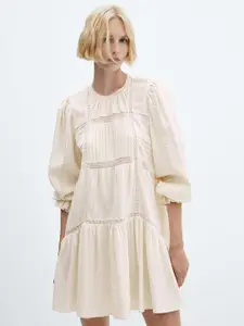 MANGO Cotton Lace Inserts Pleated A-Line Dress