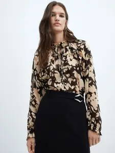 MANGO Floral Print Tie-Up Neck Puff Sleeve Shirt Style Top