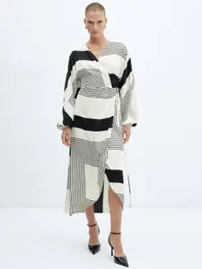 MANGO Striped Puff Sleeve Wrap Midi Dress