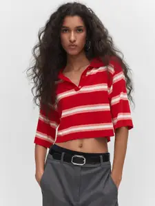 MANGO Striped Polo Collar Crop T-shirt