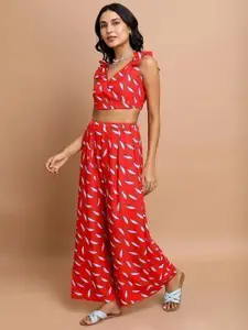 KETCH Printed Crop Top With Trousers Co-Ords