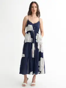 RAREISM Acker Floral Printed Tie-Ups Tiered Cotton Midi A-Line Dress