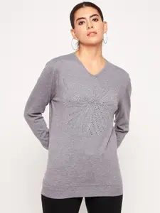 Camey Abstract Printed Round Neck Long Sleeves Embellished Wool Pullover Sweater