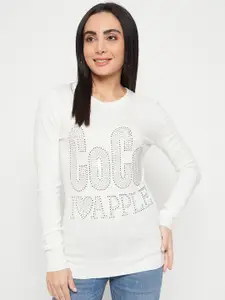 Camey Typography Printed Round Neck Long Sleeves Embellished Wool Pullover Sweater