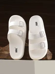 HRX by Hrithik Roshan Men White Two Strap Rubber Sliders With Buckle Detail