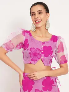 studio rasa Floral Printed Puffed Slevees Silk Saree Button Down Blouse