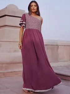 Libas Embellished Embroidered One Shoulder Flared Sleeves Georgette Maxi Dress