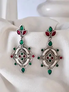 DASTOOR Silver-Plated Contemporary Stone Studded & Beaded Drop Earrings