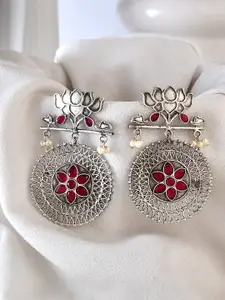 DASTOOR Silver-Plated Contemporary Stone Studded & Beaded Drop Earrings