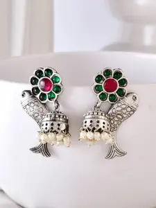 DASTOOR Silver-Plated Contemporary Oxidized Jhumkas Earrings