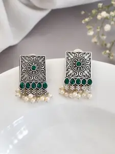 DASTOOR Silver-Plated Stone Studded & Beaded Square Shaped Studs Earrings
