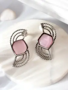 DASTOOR Silver-Plated Stone-Studded Oxidised Contemporary Studs Earrings