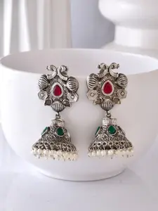 DASTOOR Silver-Plated Dome Shaped Stone Studded & Beaded Jhumkas