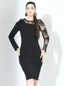 IUGA Round Neck Puff Sleeves Lace Inserts Bodycon Dress