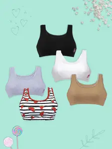 DChica Girls Pack Of 5 Full Coverage All Day Comfort Non Padded Cotton Workout Bra