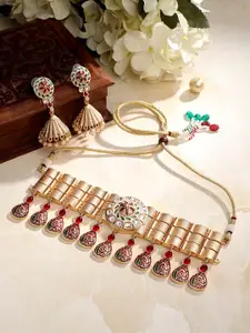 ASMITTA JEWELLERY Gold-Plated Kundan-Studded & Pearl Beaded Choker Necklace & Earrings