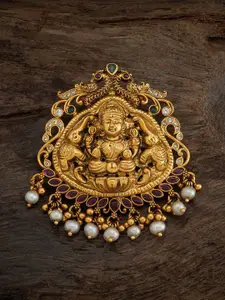 Kushal's Fashion Jewellery 92.5 Pure Silver Gold-Plated Ruby Stones-Studded Temple Pendant