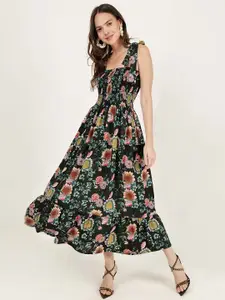 DRIRO Floral Printed Shoulder Straps Sleeveless Smocked Maxi Dress