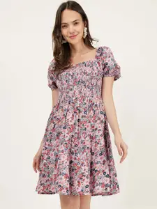 DRIRO Floral Printed Square Neck Puff Sleeve Smocked Tiered Fit & Flare Dress