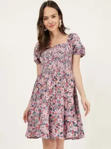 DRIRO Floral Printed Square Neck Puff Sleeve Smocked Tiered Fit & Flare Dress