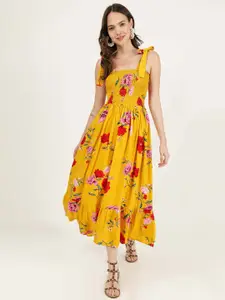 DRIRO Floral Printed Shoulder Straps Sleeveless Smocked Maxi Dress
