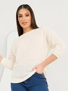 Styli Beige Textured Round Neck Drop-Shoulder Sleeves Curved Hem Oversized Top