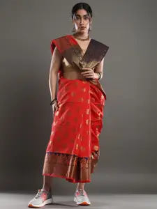 Mitera Red & Blue Ethnic Motifs Woven Design Zari Kanjeevaram Saree