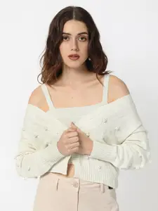 RAREISM Cable Knit Self Design with Embellished Detail Front-Open Sweaters