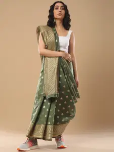 Mitera Olive Green & Gold Woven Design Zari Silk Cotton Banarasi Saree