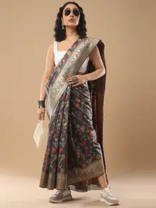 Mitera Grey & Orange Floral Woven Design Zari Saree