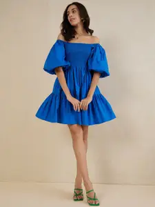 Femella Blue Off-Shoulder Flared Sleeves Smocked Cotton A-Line Dress
