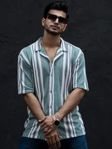 Maniac Classic Regular Fit Striped Cuban Collar Short Sleeve Cotton Casual Shirt