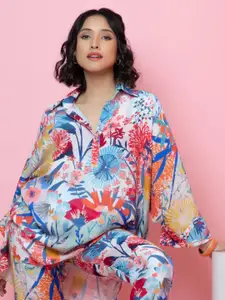 Rhe-Ana Blue Floral Print Kimono Sleeve Shirt Style Top