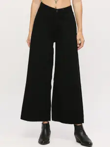 all about you Women Black Wide Leg High-Rise Clean Look Stretchable Cropped Jeans