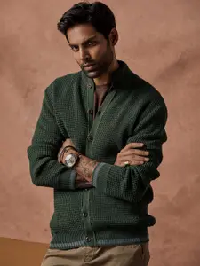 Andamen Cable Knit Self Design Mock Collar Cardigan Sweater