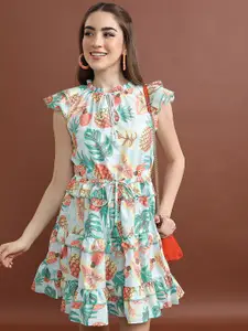 Vishudh Blue Tropical Printed Tie-Up Neck Ruffles Detail Fit & Flare Dress