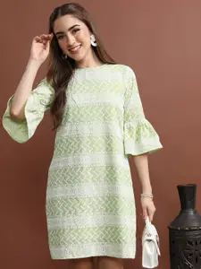 Vishudh Green Geometric Embroidered Bell Sleeves A-Line Dress