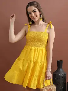 Vishudh Yellow Shoulder Straps Smocked Cotton Fit & Flare Dress