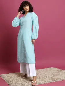 Vishudh Blue Floral Embroidered Puff Sleeve Pastels Cotton Straight Kurta