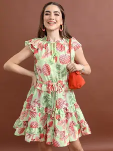 Vishudh Tropical Print Tie-Up Neck Tiered Fit & Flare Mini Dress
